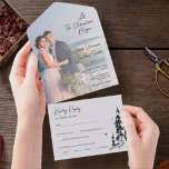 Invitación Todo En Uno Bosque de montaña simple moderno RSVP boda A<br><div class="desc">Esta elegante y contemporánea invitación a la boda todo en uno, con una tarjeta postal RSVP perforada fácil de desgarrar, incluye un moderno boceto dibujado a mano de un hermoso paisaje boscoso de árboles de montaña y es un personalizable con una de sus fotos favoritas de compromiso. Esta invitación forma...</div>