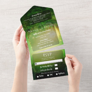 Invitación Todo En Uno Bosque Encantado de Madera con Resplandor Verde Bo