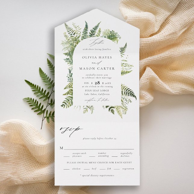 Invitación Todo En Uno Bosque encantado Woodland Ferns Boho Arch Boda (enchanted forest wedding invitation botanical boho arch ferns outdoors mountains nature garden all)