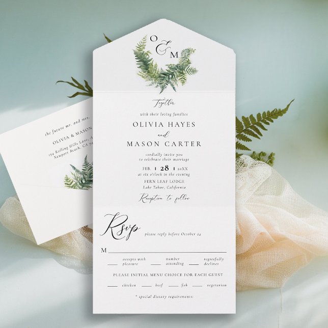 Invitación Todo En Uno Bosque encantado Woodland Ferns Monogramas Boda (enchanted forest wedding invitation botanical crest ferns outdoors mountains sage garden all in one)