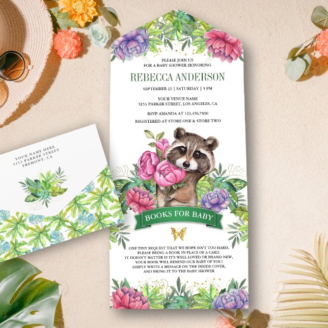 Invitación Todo En Uno Bosque Tropical Encantador Cumpleaños de Mapache (Subido por el creador)