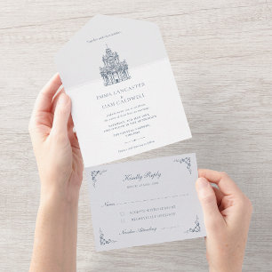 Invitación Todo En Uno Bosquejo de lugar de iglesia Boda minimalista