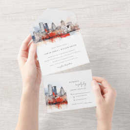 Invitación Todo En Uno Boston Massachusetts City Scape Watercolor Boda