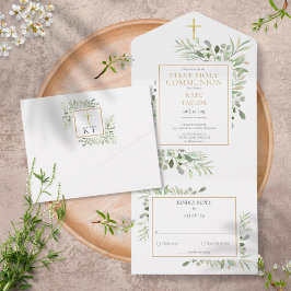 Invitación Todo En Uno Botanical Greenery First Holy Communion