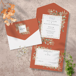 Invitación Todo En Uno Botanical Greenery Leaves Terracotta Wedding