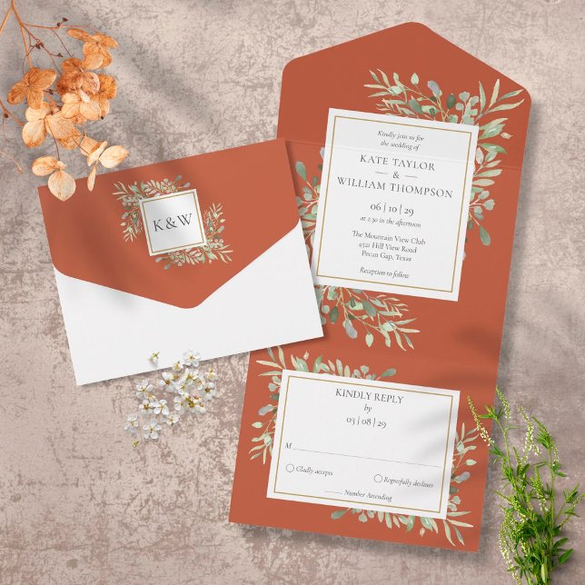 Invitación Todo En Uno Botanical Greenery Leaves Terracotta Wedding (Subido por el creador)