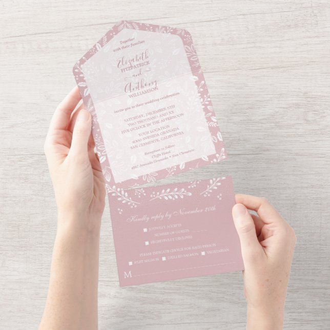 Invitación Todo En Uno Botánicos blancos en Boda Rosa polvoriento (desgarro)