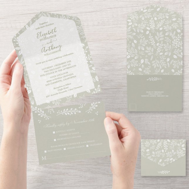 Invitación Todo En Uno Botánicos blancos en Boda verde pálido (Subido por el creador)