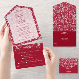 Invitación Todo En Uno Botánicos blancos en el Boda de Cranberry