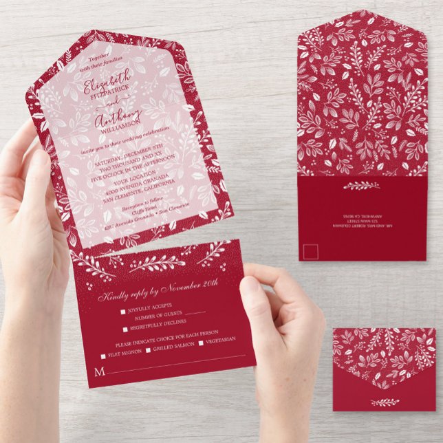 Invitación Todo En Uno Botánicos blancos en el Boda de Cranberry (Subido por el creador)