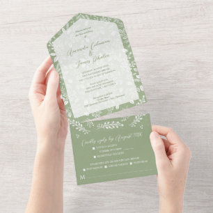 Invitación Todo En Uno Botánicos blancos en el Boda verde sabio