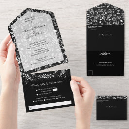Invitación Todo En Uno Botánicos blancos en negro sin sobres Boda