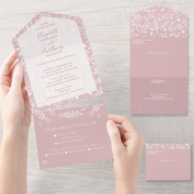Invitación Todo En Uno Botánicos blancos Rosa polvoriento sin sobres (Subido por el creador)