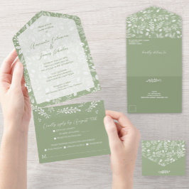 Invitación Todo En Uno Botánicos blancos Sage Green Sin sobres Boda