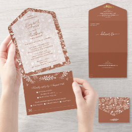 Invitación Todo En Uno Botánicos blancos sin sobres Terracotta Boda