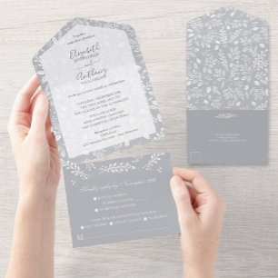 Invitación Todo En Uno Botánicos blancos sobre Boda gris