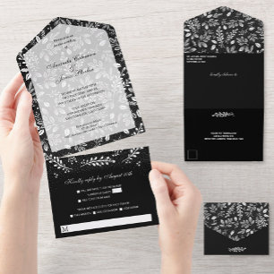 Invitación Todo En Uno Botánicos blancos sobre Boda negro