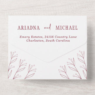 Invitación Todo En Uno Botánicos Burgundy Minimalistas Elegantes