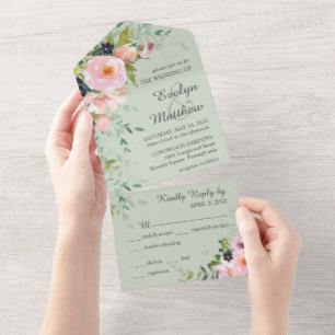Invitación Todo En Uno Bouquet de flores rosadas de Rubor en Boda verde s