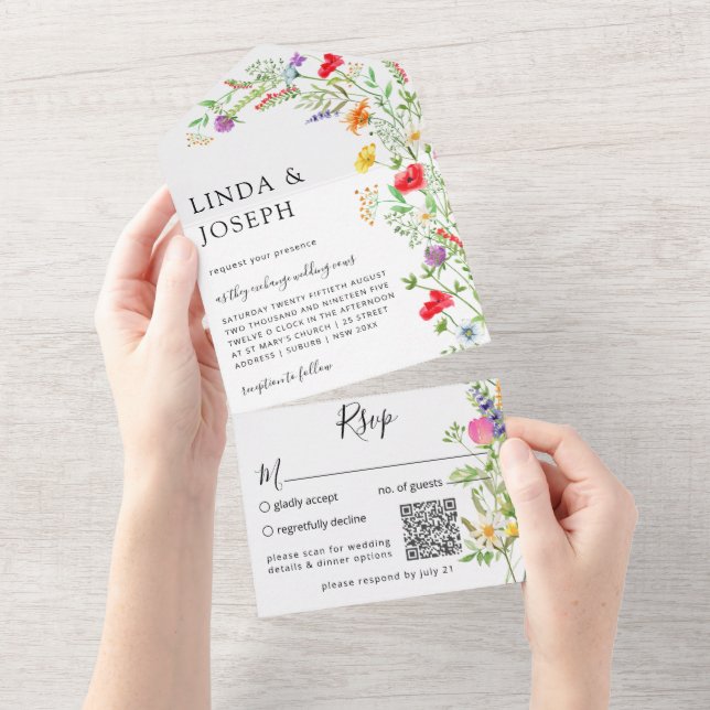 Invitación Todo En Uno Bouquet de flores silvestres código QR todo en una (desgarro)