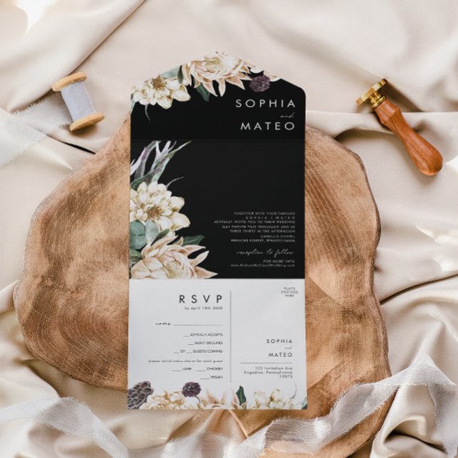 Invitación Todo En Uno Bouquet floral blanca | Sello negro y envío (Subido por el creador)