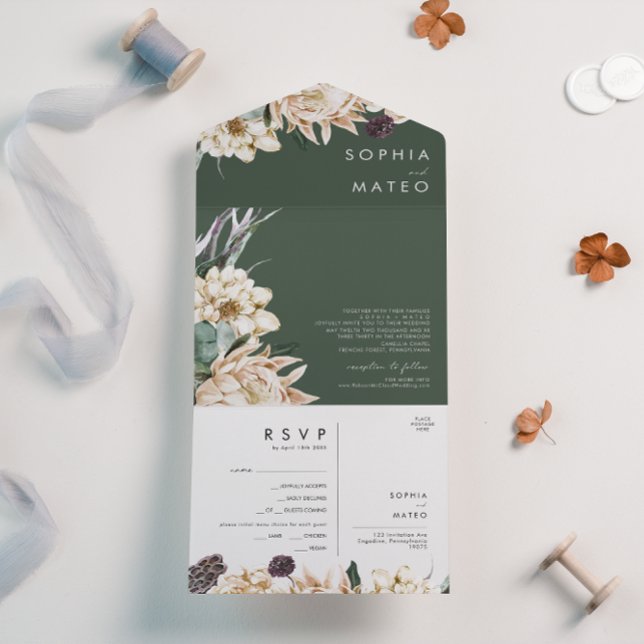 Invitación Todo En Uno Bouquet floral blanca | Sello verde oscuro y envío (Subido por el creador)