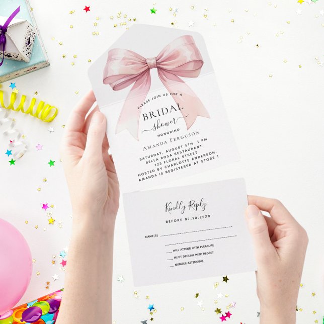 Invitación Todo En Uno Bow rosa blanco Bridal Shower Rsvp (Subido por el creador)