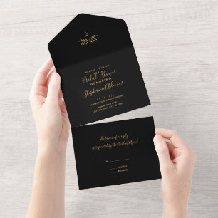 Invitación Todo En Uno Brida de caligrafía mínima de ramas negra y dorada