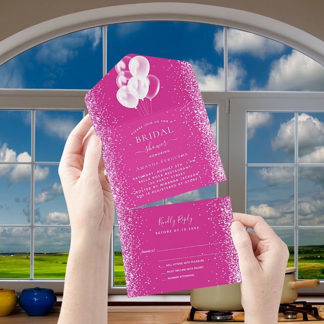 Invitación Todo En Uno Bridal Shower globos blancos rosa confetti RSVP (Subido por el creador)