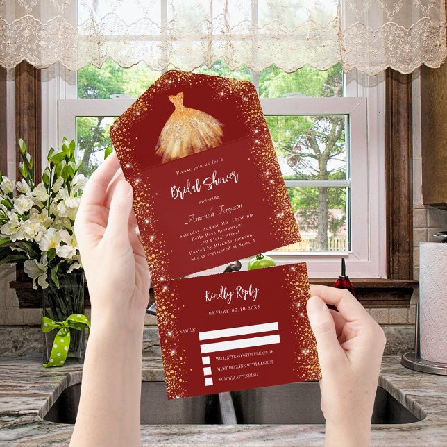 Invitación Todo En Uno Bridal Shower rojo vestido de oro purpurina RSVP (Subido por el creador)