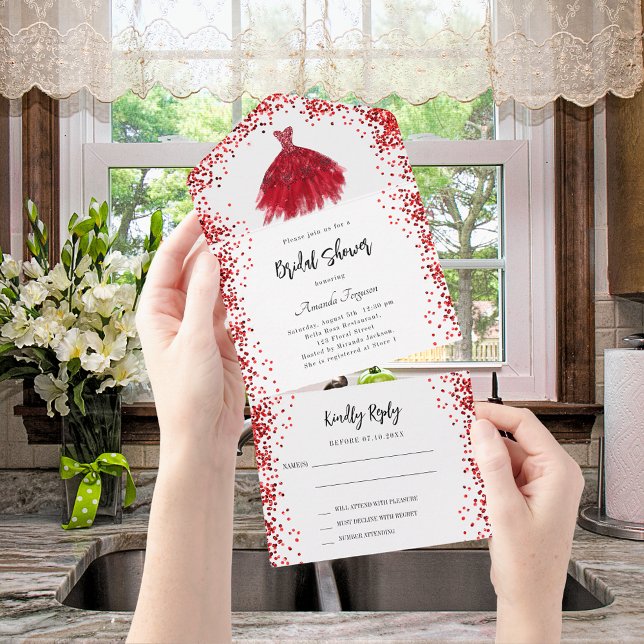 Invitación Todo En Uno Brigada Shower vestido rojo blanco RSVP (Subido por el creador)