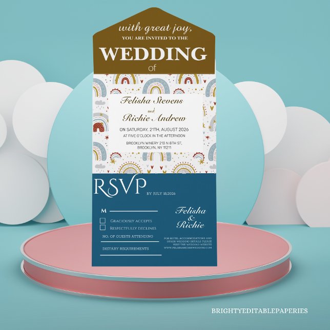 Invitación Todo En Uno Bright Boho Terracotta Rainbows Boda (Invite your loved ones to celebrate in style with our Bright Boho Terracotta All In One Invitation.)