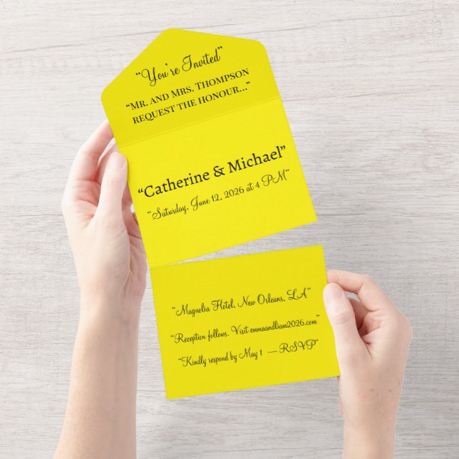 Invitación Todo En Uno Bright Yellow Wedding Invite – Minimal Design (desgarro)