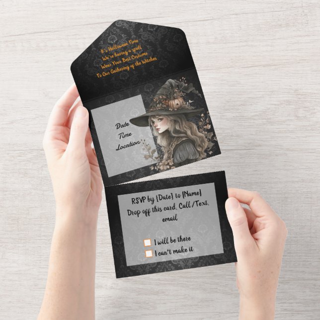 Invitación Todo En Uno Bruja caprichosa en Damasco negro (desgarro)