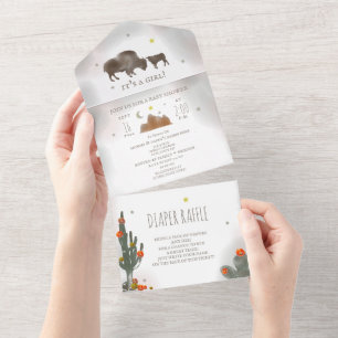 Invitación Todo En Uno Buffalo Bison Cacti Diaper Raffle Chica Baby Showe