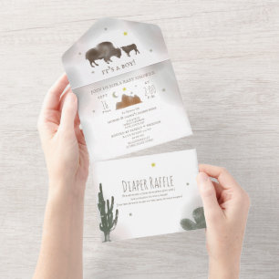 Invitación Todo En Uno Buffalo Bison Cactus Diaper Raffle Baby Shower
