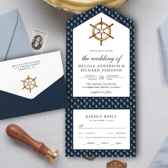 Invitación Todo En Uno Buque ruso Helm Nautical Navy Boda azul (Subido por el creador)