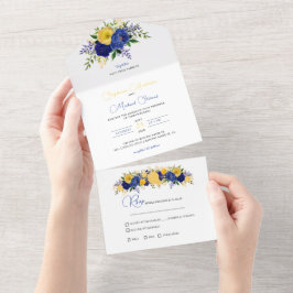 Invitación Todo En Uno Buquete floral de oro naval y amarillento