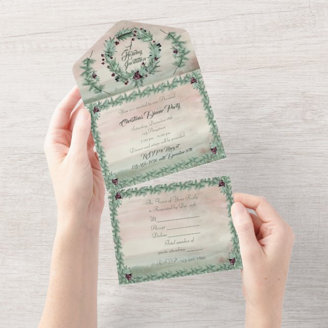 Invitación Todo En Uno Burgundy Berry Acebo Pino Navidad (desgarro)