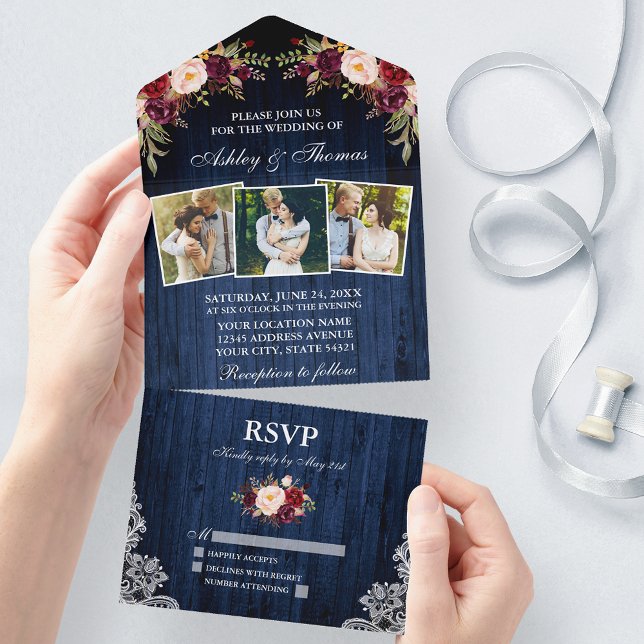 Invitación Todo En Uno Burgundy Floral Blue Wood Lace 3 Foto Boda (All In One Wedding Invitation with tear off RSVP Card)