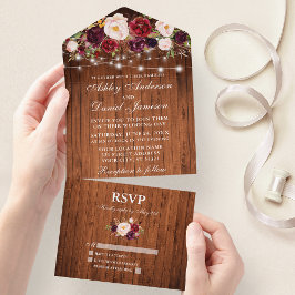 Invitación Todo En Uno Burgundy Floral ilumina a un Boda de madera rústic