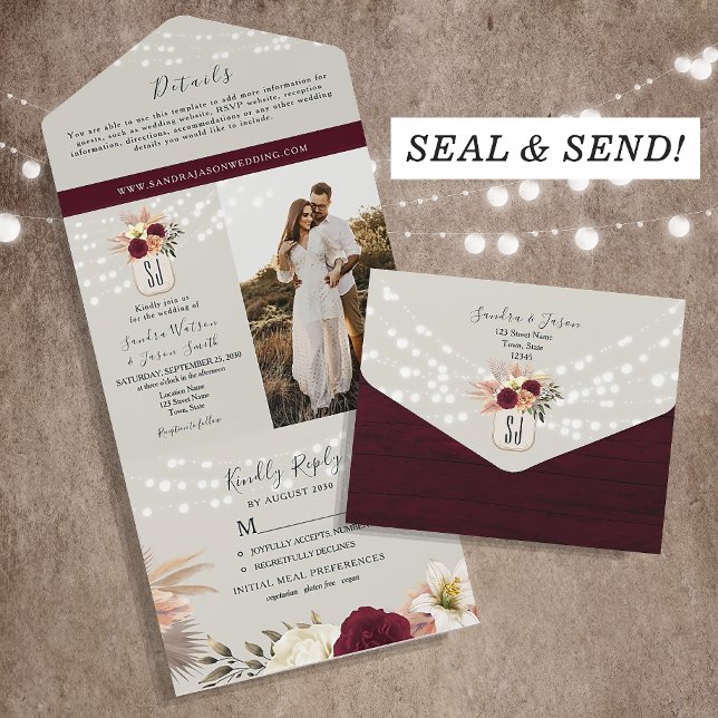 Invitación Todo En Uno Burgundy Floral Mason Jar Boda (Subido por el creador)