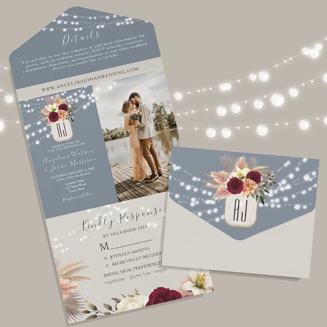Invitación Todo En Uno Burgundy floral rústico y Boda azul turbio (Subido por el creador)