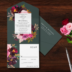 Invitación Todo En Uno Burgundy Forest Green Rubor Floral Watercolor