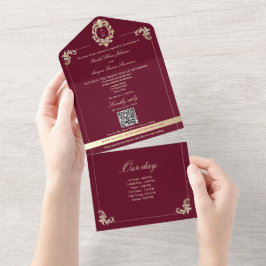 Invitación Todo En Uno Burgundy Gold Baroque All-in-One Wedding Invite