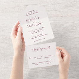 Invitación Todo En Uno Burgundy Moderno Letra Manuscrita Elegante Boda
