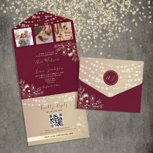Invitación Todo En Uno Burgundy Photos Boda QR Code