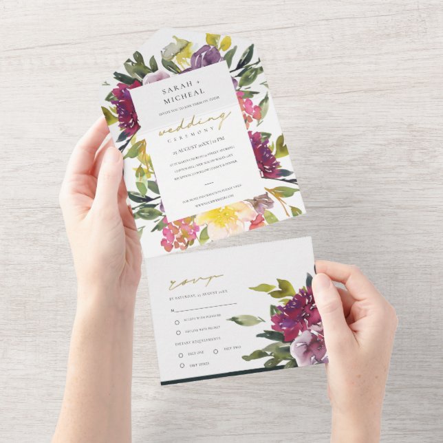 INVITACIÓN TODO EN UNO BURGUNDY PURPLE PINK LIME VERDE BODA DE FLORES TOD (desgarro)