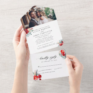 Invitación Todo En Uno Burgundy Red Floral Holly Watercolor Foto Boda
