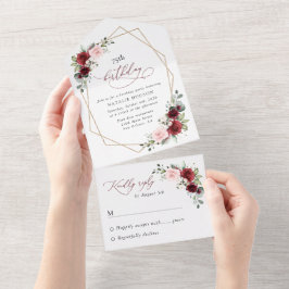 Invitación Todo En Uno Burgundy Red Flowers, Pink Flowers, Birthday